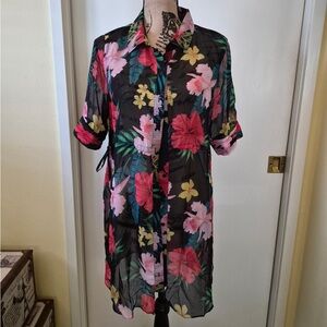 Soft Surroundings Black Sheer Floral Button-Down Shirt - Pink, Yellow & Green